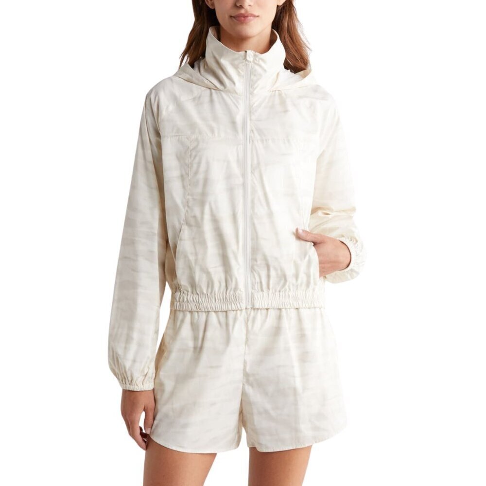 Title: Ace Print Zip Jacket w/ Stowaway Hood – Cream – Size XL NWT